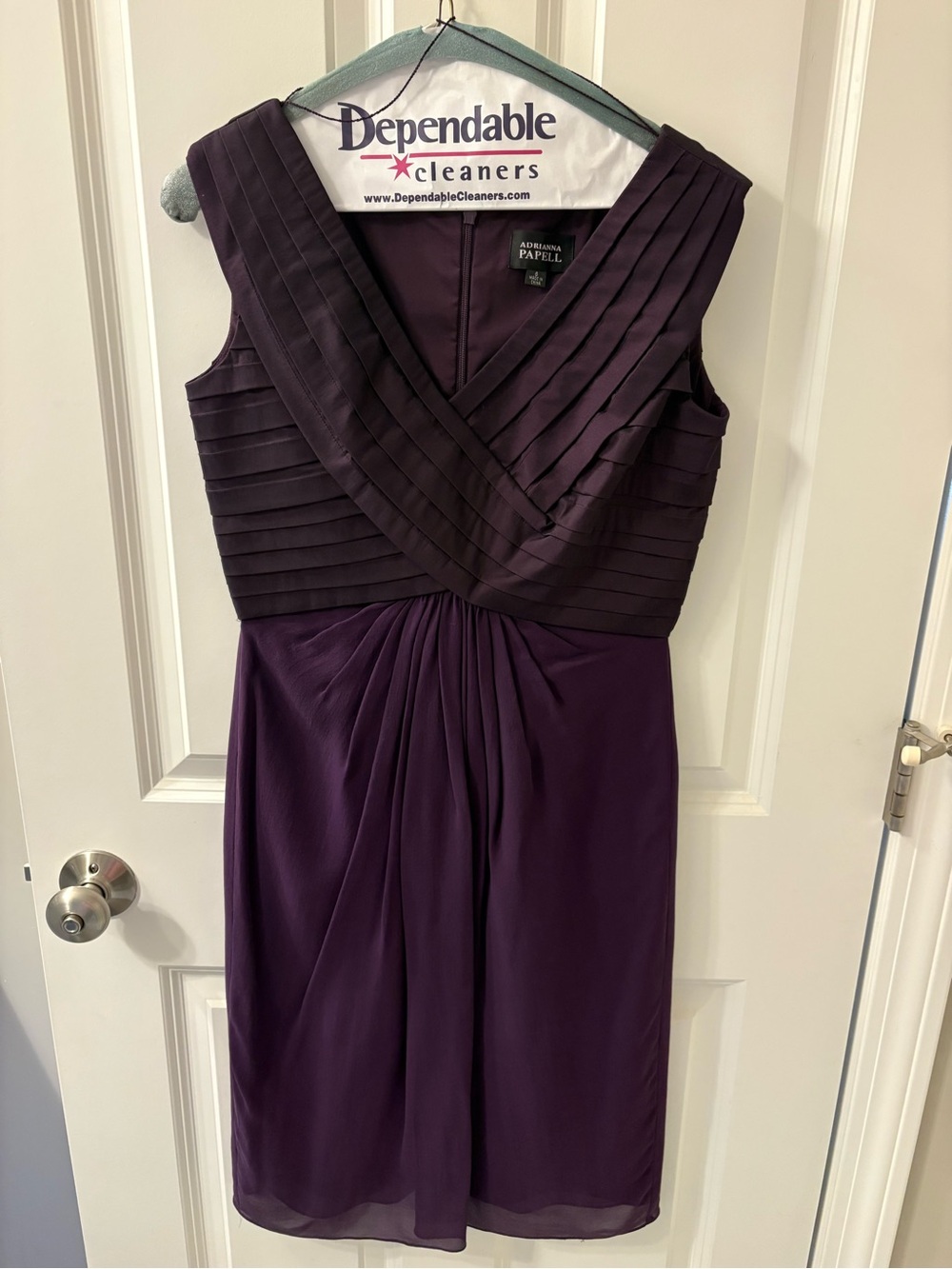 Adrianna Papell Deep Purple Pleated V-Neck Midi Dress